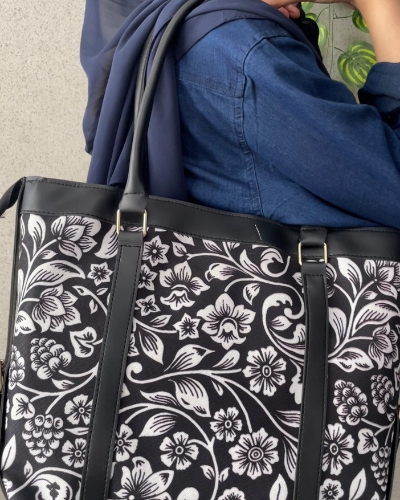 Monochrome Floral Heritage Canvas Tote