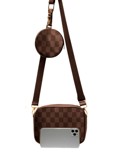 Checkered Bliss Crossbody Bag with Coin Purse_BROWN