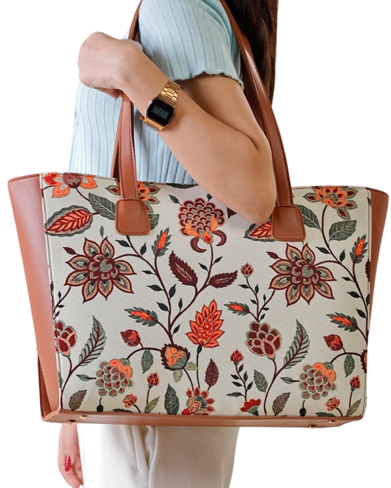 Floral Print Leather on Canvas Tote Bag