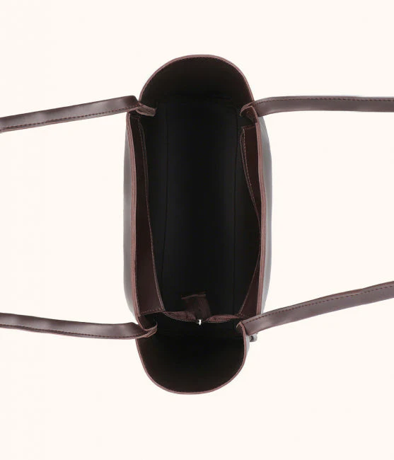 All-Day Tote Bag in PU leather with double handles-DARK BROWN